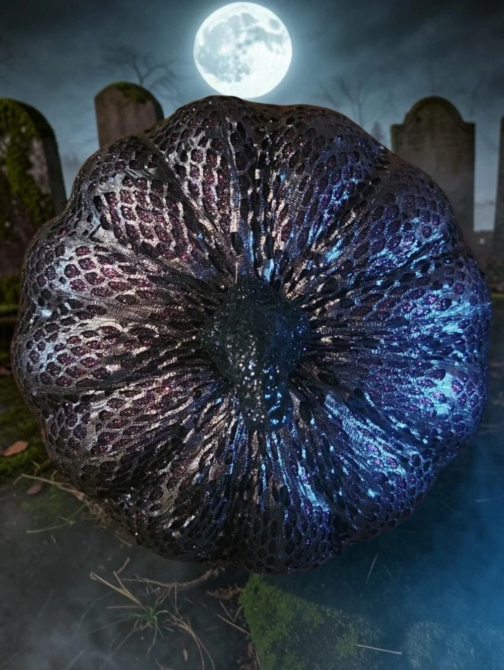Halloween Decorative Textured Pumpkin - Metallic Black  Deep Purple Accents